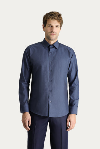  Koyu Lacivert Uzun Kol Slim Fit Dar Kesim Klasik Desenli Pamuk Gömlek