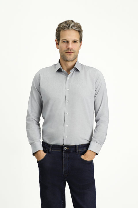 Orta Gri Uzun Kol Slim Fit Dar Kesim Desenli Pamuk Klasik Gömlek