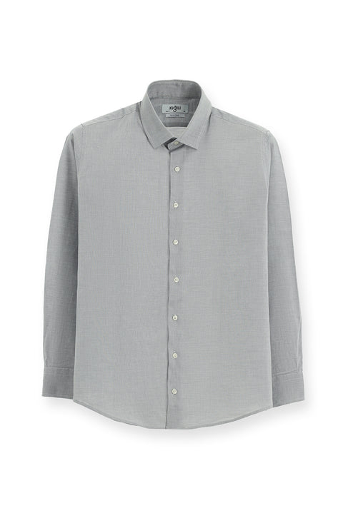 Orta Gri Uzun Kol Slim Fit Dar Kesim Desenli Pamuk Klasik Gömlek