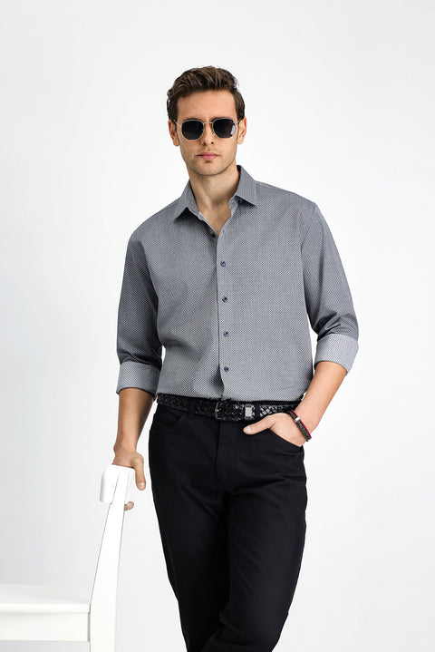 Orta Gri Uzun Kol Slim Fit Dar Kesim Klasik Desenli Pamuk Gömlek