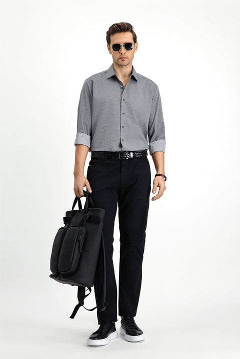 Orta Gri Uzun Kol Slim Fit Dar Kesim Klasik Desenli Pamuk Gömlek