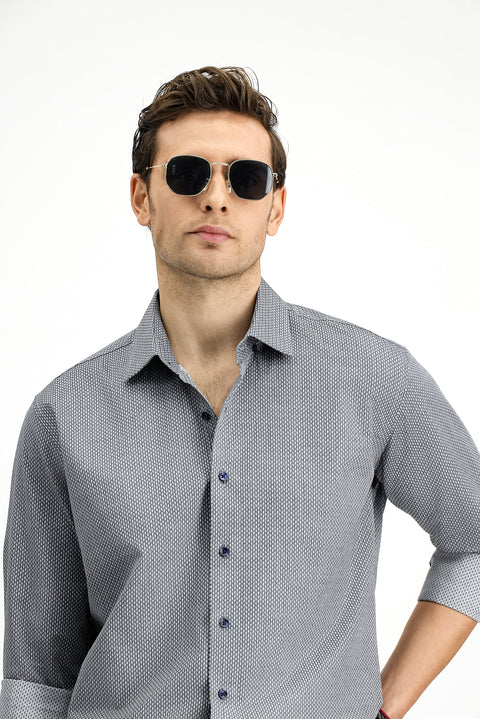 Orta Gri Uzun Kol Slim Fit Dar Kesim Klasik Desenli Pamuk Gömlek