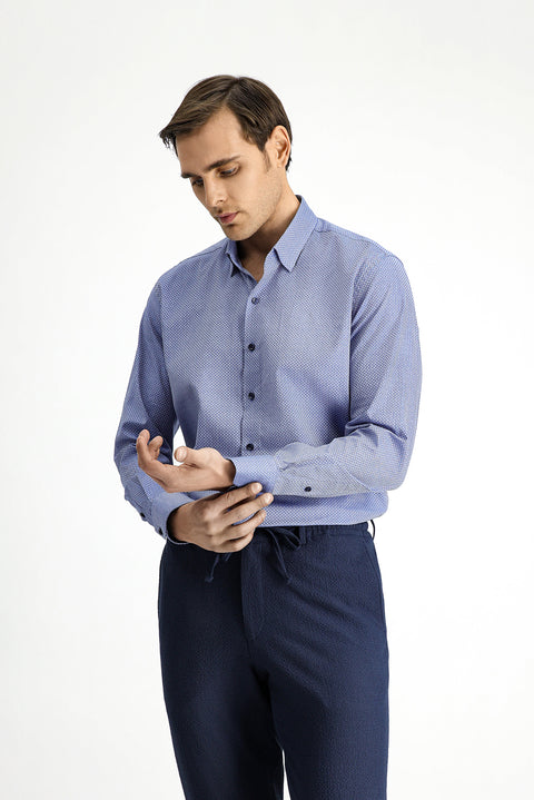 Koyu Mavi  Uzun Kol Slim Fit Dar Kesim Klasik Desenli Pamuk Gömlek