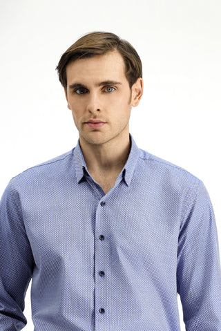  Koyu Mavi  Uzun Kol Slim Fit Dar Kesim Klasik Desenli Pamuk Gömlek