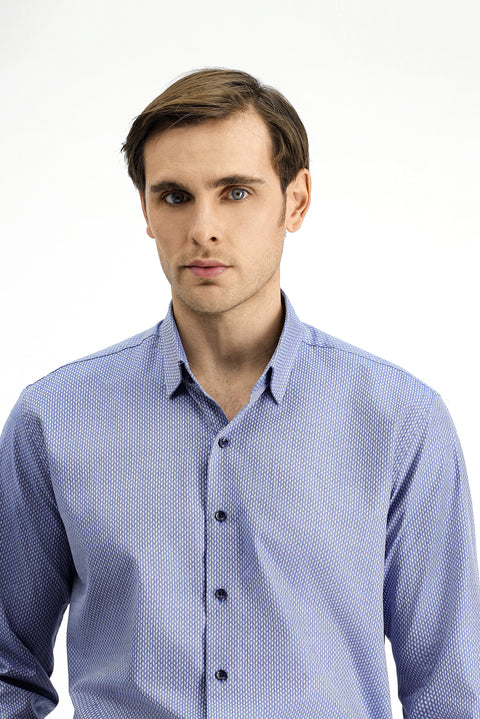 Koyu Mavi  Uzun Kol Slim Fit Dar Kesim Klasik Desenli Pamuk Gömlek