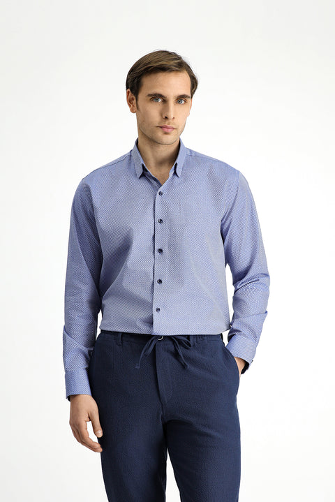Koyu Mavi  Uzun Kol Slim Fit Dar Kesim Klasik Desenli Pamuk Gömlek
