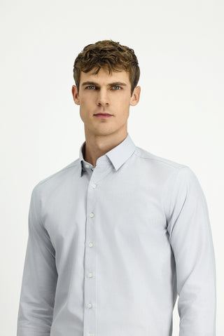  Açık Gri Uzun Kol Slim Fit Dar Kesim Klasik Desenli Pamuk Gömlek