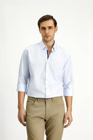  Açık Mavi Uzun Kol Slim Fit Dar Kesim Klasik Desenli Pamuk Gömlek