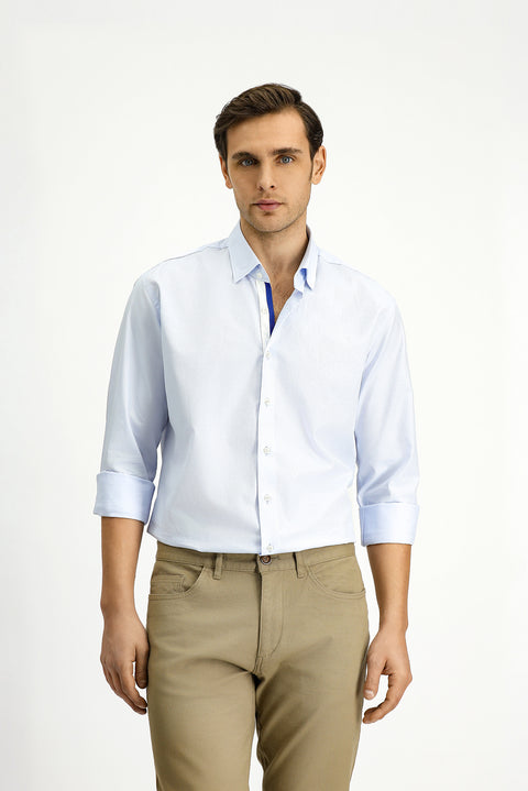 Açık Mavi Uzun Kol Slim Fit Dar Kesim Klasik Desenli Pamuk Gömlek