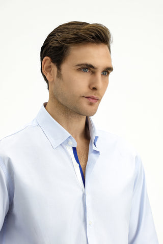  Açık Mavi Uzun Kol Slim Fit Dar Kesim Klasik Desenli Pamuk Gömlek