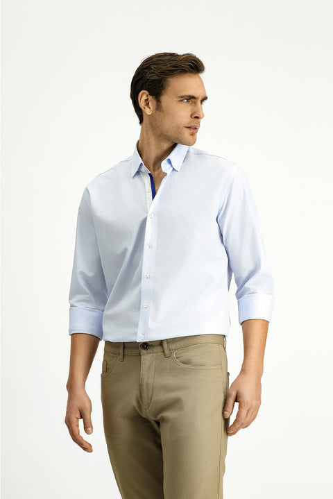 Açık Mavi Uzun Kol Slim Fit Dar Kesim Klasik Desenli Pamuk Gömlek