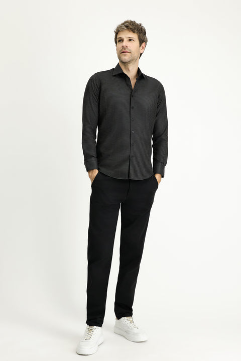 Siyah Uzun Kol Slim Fit Dar Kesim Klasik Desenli Pamuklu Kolay Ütülenebilir Gömlek