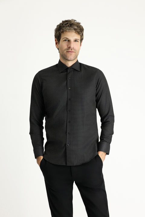 Siyah Uzun Kol Slim Fit Dar Kesim Klasik Desenli Pamuklu Kolay Ütülenebilir Gömlek