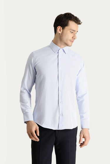  Açık Mavi Uzun Kol Slim Fit Dar Kesim Non Iron Desenli Pamuklu Gömlek