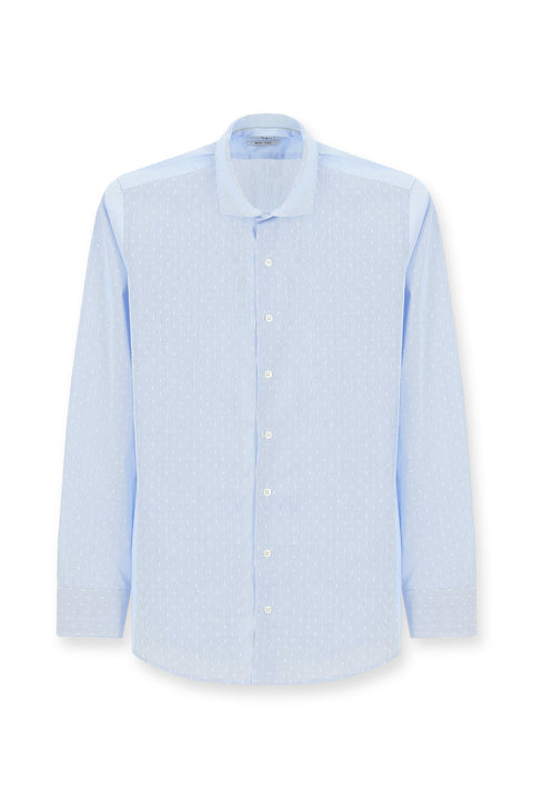Açık Mavi Uzun Kol Slim Fit Dar Kesim Non Iron Klasik Desenli Pamuklu Gömlek
