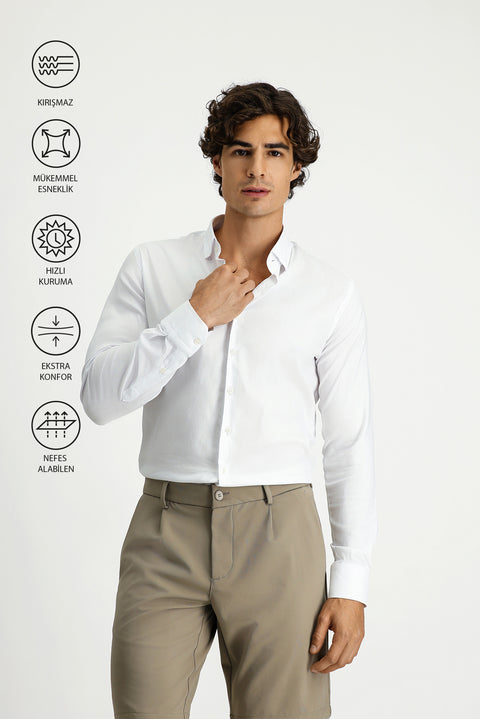 Beyaz Techno-Line Uzun Kol Slim Fit Dar Kesim Pamuklu Desenli Gömlek