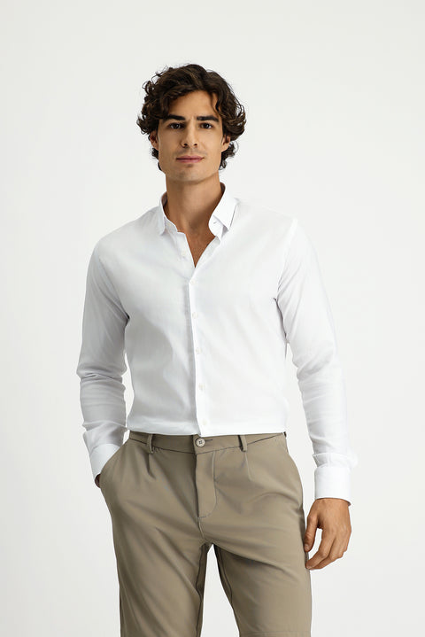 Beyaz Techno-Line Uzun Kol Slim Fit Dar Kesim Pamuklu Desenli Gömlek