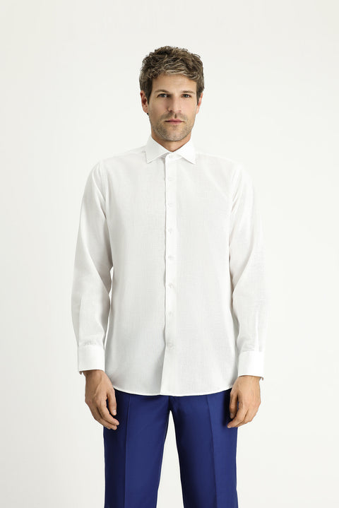 Beyaz Uzun Kol Klasik Desenli Pamuk Gömlek