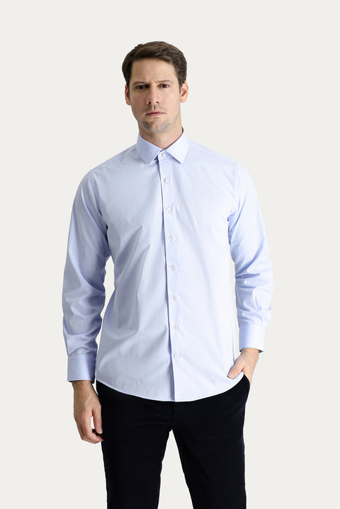 Açık Mavi Uzun Kol Klasik Çizgili Pamuk Gömlek