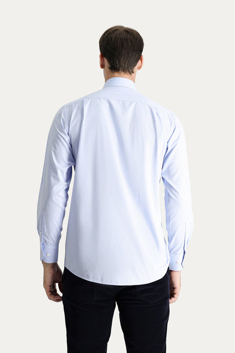 Açık Mavi Uzun Kol Klasik Çizgili Pamuk Gömlek