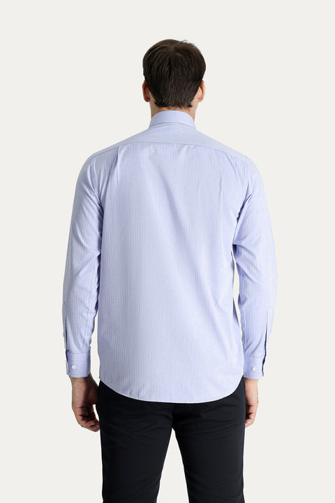 Havacı Mavi Uzun Kol Klasik Çizgili Pamuk Gömlek
