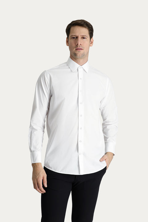 Beyaz Uzun Kol Klasik Çizgili Pamuk Gömlek