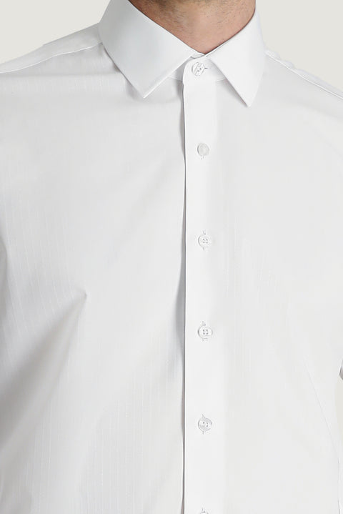Beyaz Uzun Kol Klasik Çizgili Pamuk Gömlek