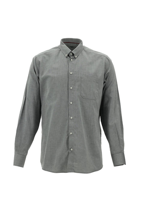 Açık Siyah Uzun Kol Regular Fit Oxford Desenli Pamuk Düğmeli Yaka Gömlek