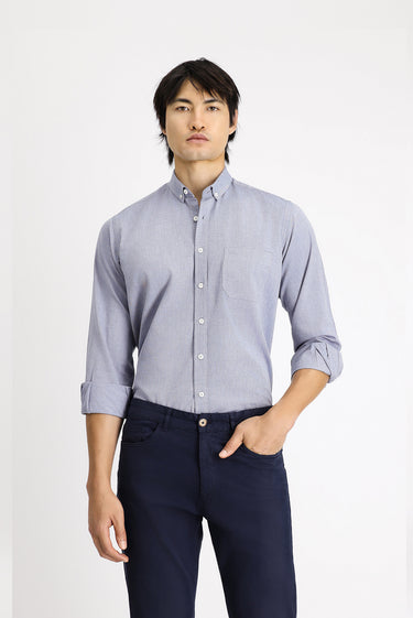  Koyu Lacivert Uzun Kol Regular Fit Oxford Desenli Pamuk Düğmeli Yaka Gömlek