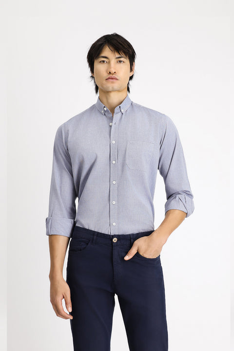 Koyu Lacivert Uzun Kol Regular Fit Oxford Desenli Pamuk Düğmeli Yaka Gömlek