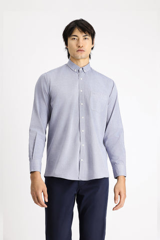  Koyu Lacivert Uzun Kol Regular Fit Oxford Desenli Pamuk Düğmeli Yaka Gömlek