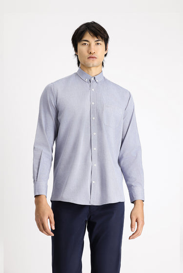  Koyu Lacivert Uzun Kol Regular Fit Oxford Desenli Pamuk Düğmeli Yaka Gömlek