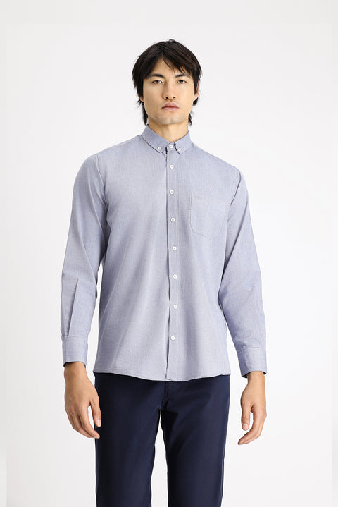 Koyu Lacivert Uzun Kol Regular Fit Oxford Desenli Pamuk Düğmeli Yaka Gömlek