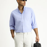 Koyu Mavi  Uzun Kol Regular Fit Oxford Desenli Pamuk Düğmeli Yaka Gömlek