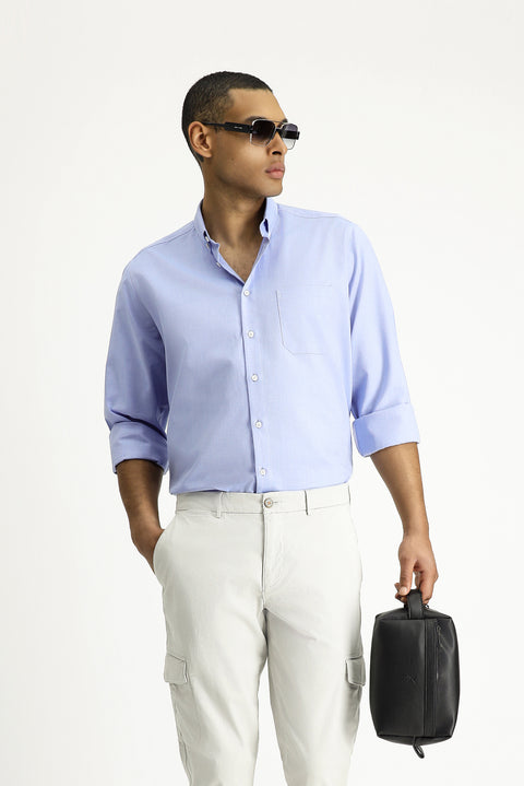 Koyu Mavi  Uzun Kol Regular Fit Oxford Desenli Pamuk Düğmeli Yaka Gömlek