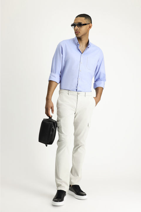 Koyu Mavi  Uzun Kol Regular Fit Oxford Desenli Pamuk Düğmeli Yaka Gömlek