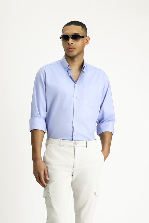 Koyu Mavi  Uzun Kol Regular Fit Oxford Desenli Pamuk Düğmeli Yaka Gömlek