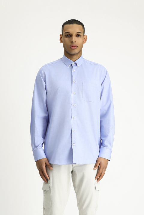 Koyu Mavi  Uzun Kol Regular Fit Oxford Desenli Pamuk Düğmeli Yaka Gömlek