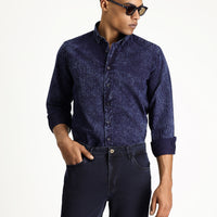 İndigo Uzun Kol Regular Fit Desenli Denim Pamuk Gömlek
