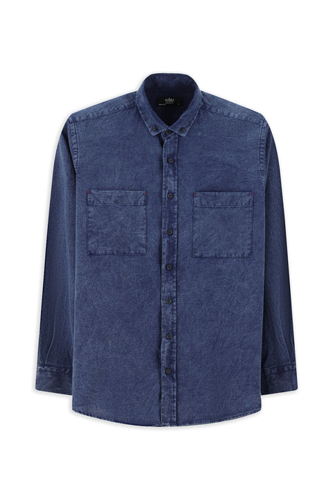 İndigo Uzun Kol Regular Fit Desenli Pamuk Düğmeli Yaka Denim Görünümlü Gömlek
