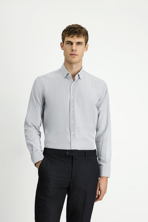 Orta Gri Uzun Kol Regular Fit Desenli Pamuk Düğmeli Yaka Oxford Gömlek