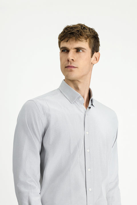 Orta Gri Uzun Kol Regular Fit Desenli Pamuk Düğmeli Yaka Oxford Gömlek