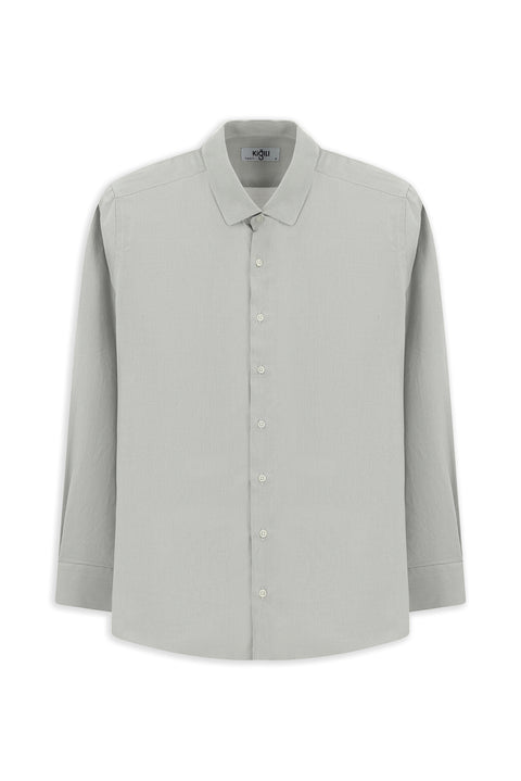 Orta Gri Uzun Kol Regular Fit Desenli Pamuk Düğmeli Yaka Oxford Gömlek