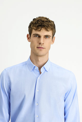  Açık Mavi Uzun Kol Regular Fit Desenli Pamuk Düğmeli Yaka Oxford Gömlek