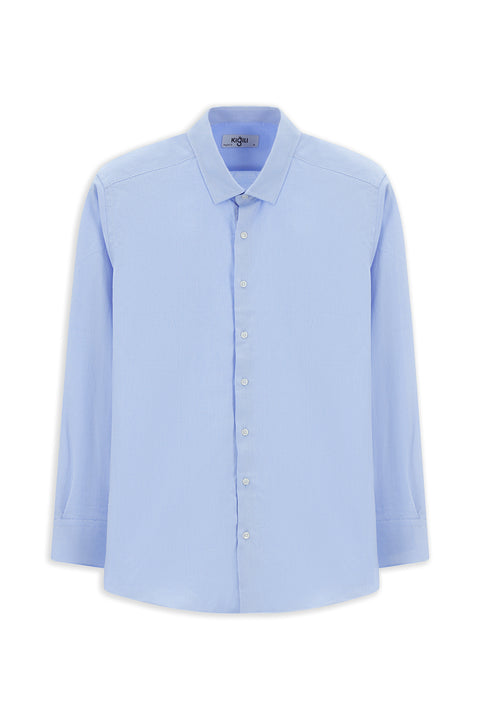 Açık Mavi Uzun Kol Regular Fit Desenli Pamuk Düğmeli Yaka Oxford Gömlek