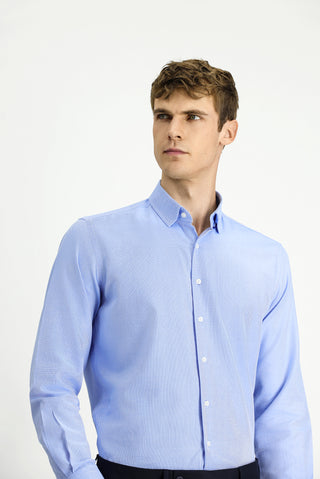  Mavi Uzun Kol Regular Fit Desenli Pamuk Düğmeli Yaka Oxford Gömlek