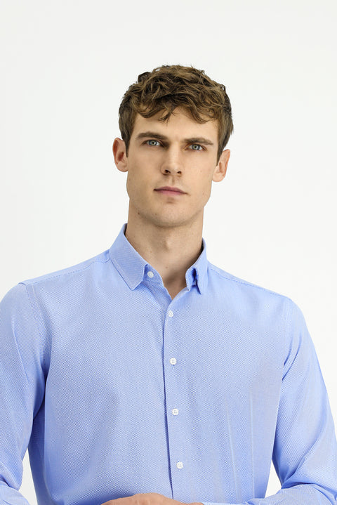 Mavi Uzun Kol Regular Fit Desenli Pamuk Düğmeli Yaka Oxford Gömlek