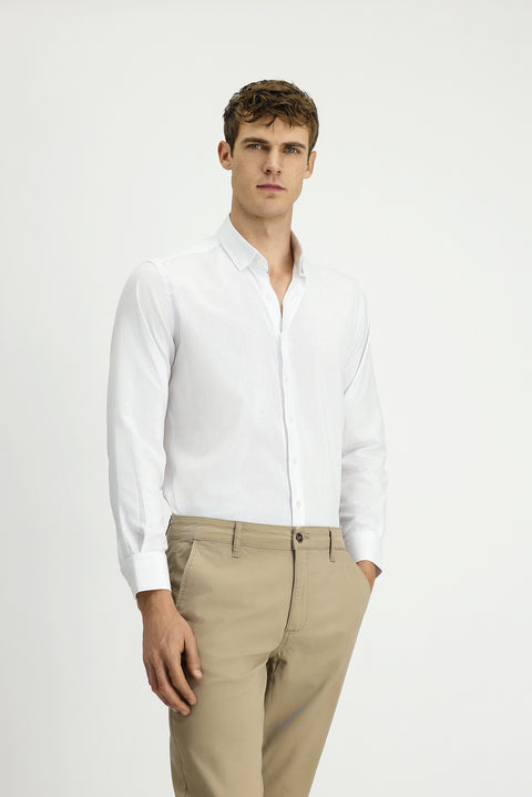 Beyaz Uzun Kol Regular Fit Desenli Pamuk Düğmeli Yaka Oxford Gömlek