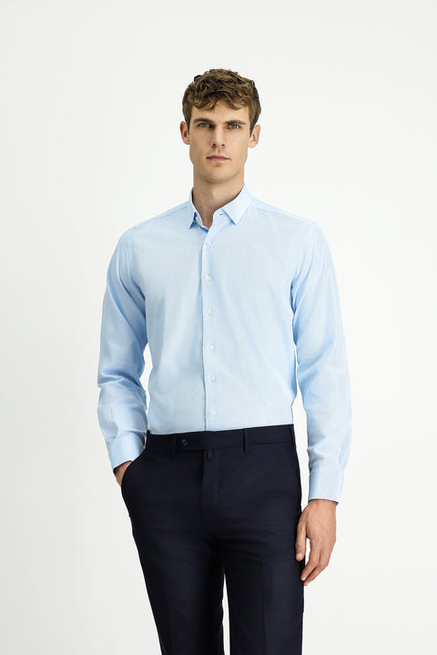 Açık Turkuaz Uzun Kol Regular Fit Desenli Pamuk Düğmeli Yaka Oxford Gömlek