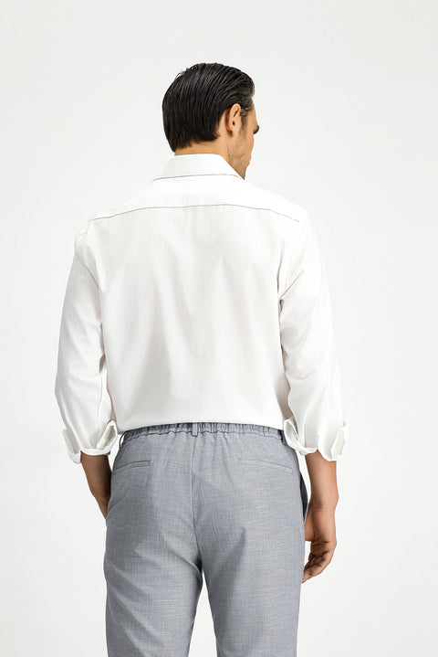 Beyaz Uzun Kol Klasik Desenli Pamuk Gömlek